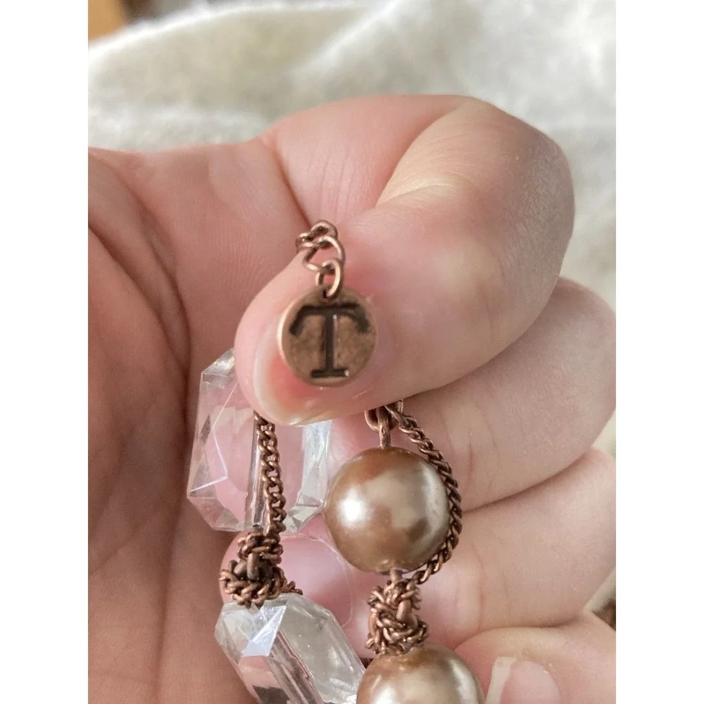 Copper Tone Multi Strand Beaded Necklace Faux Pearl Clear‎ Gray Beads Romantic